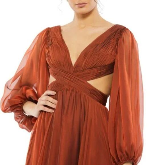 MAC DUGGAL Dress Size 0 Evening Gown Pleated Long Sleeve Lace Up Gown Copper - Picture 5 of 6